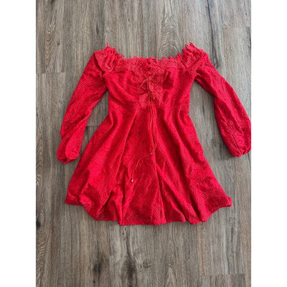 Double Crazy Women's off the shoulder Lace up Long Sleeve Red Dress Size Large - Picture 3 of 11